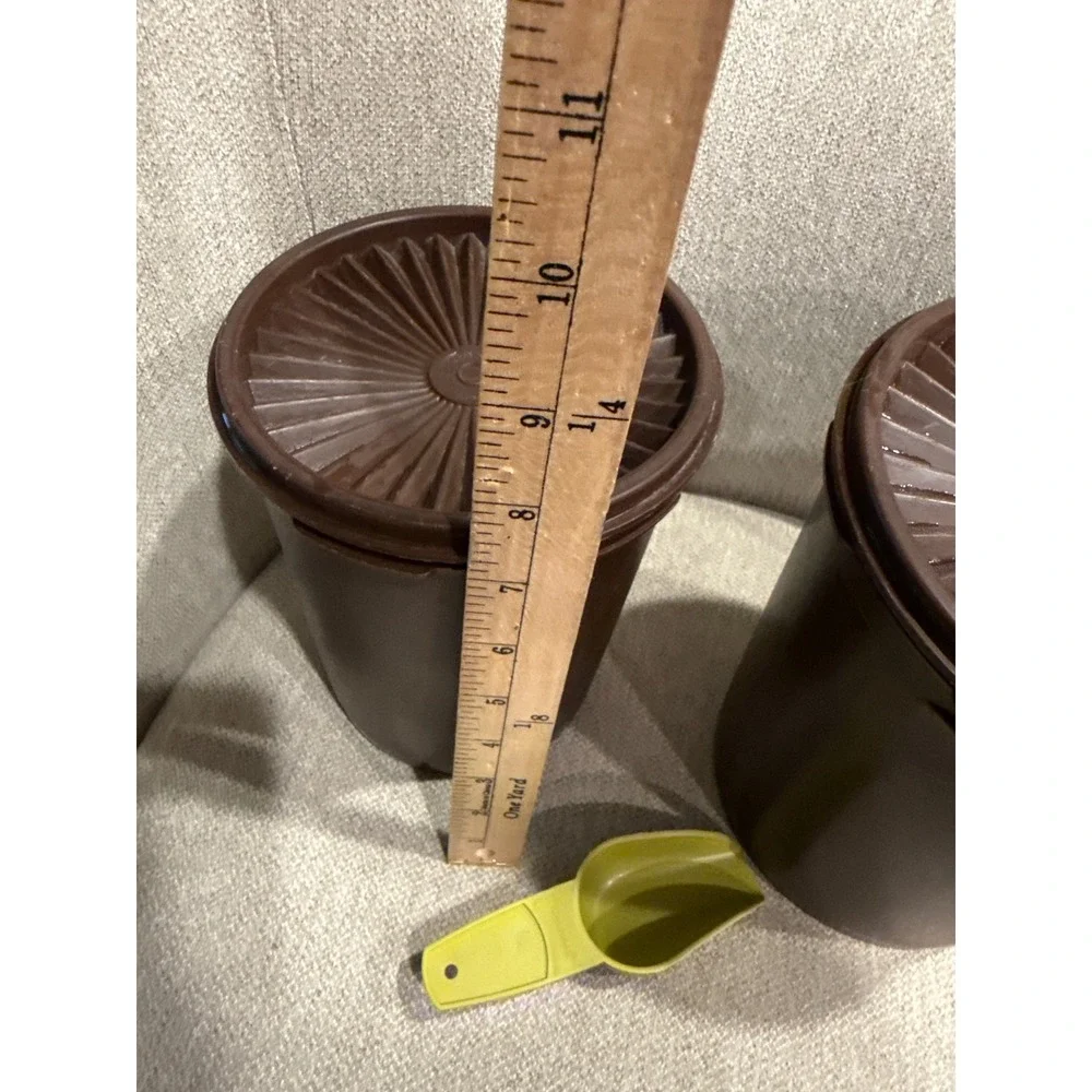 Vintage Tupperware Canister Set Brown Gold Leaf Servalier Lids 5pc Scoop Nesting